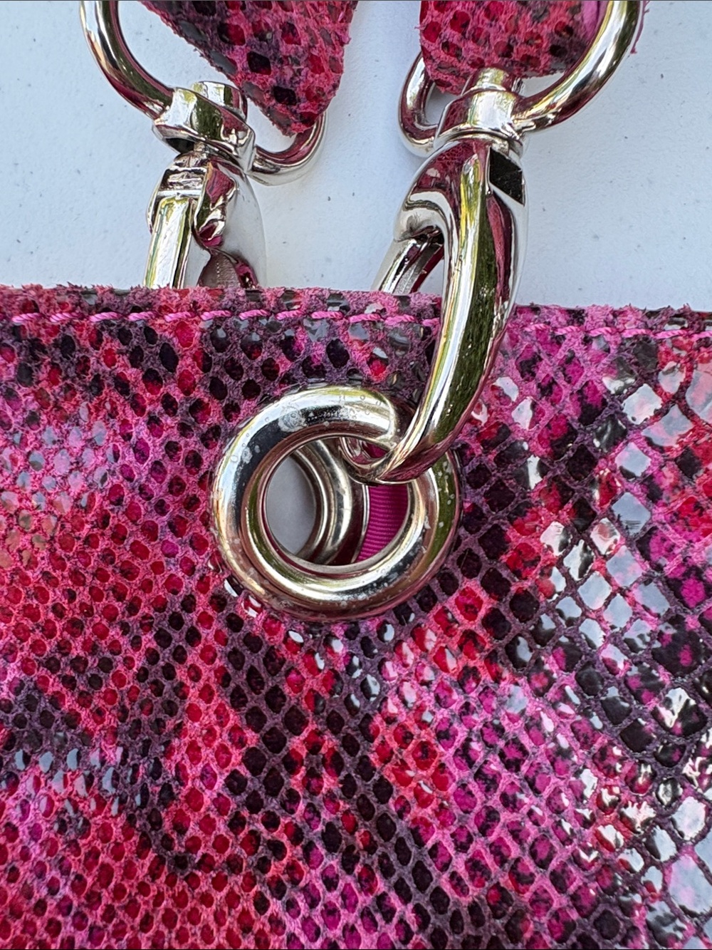 Maurizio Taiuti Hot Pink Python-Print Tote with Silver Hardware